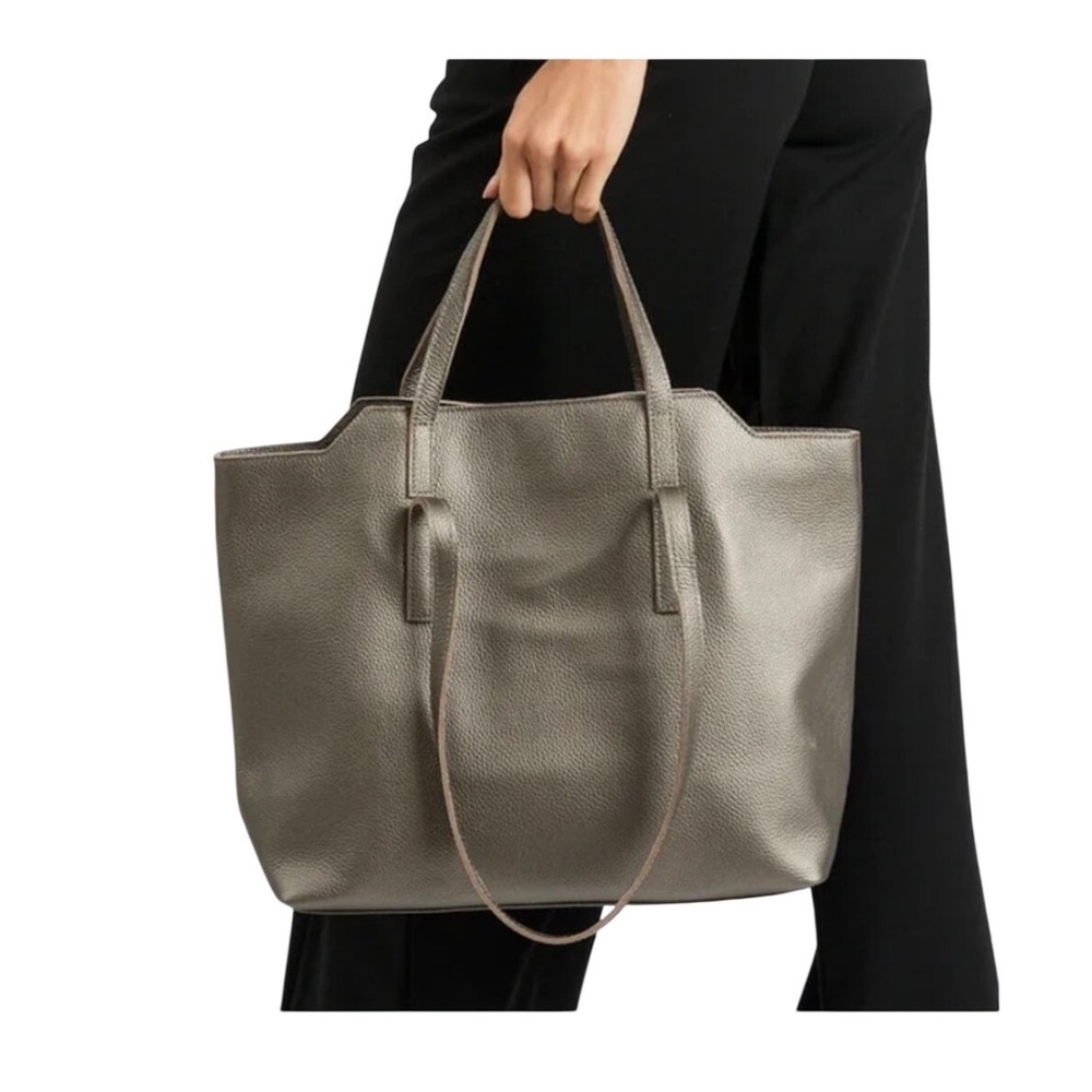 M.I.L.A. Pebble Grain Leather Tote‎ Bag Metallic Pewter Grey Dual Handle NWT